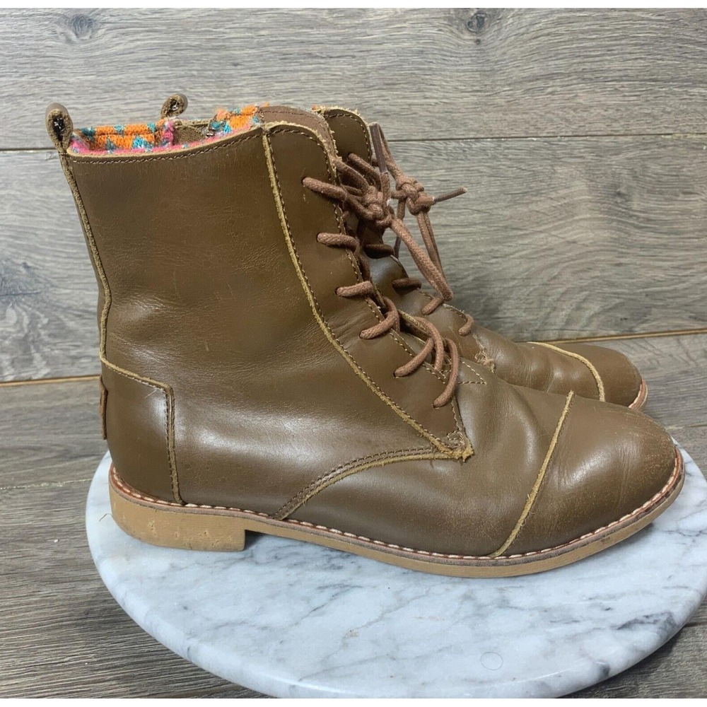 Toms Boots Womens 6.5 Brown Leather Lace Up Full Zip Ankle Comfort Outdoors Work